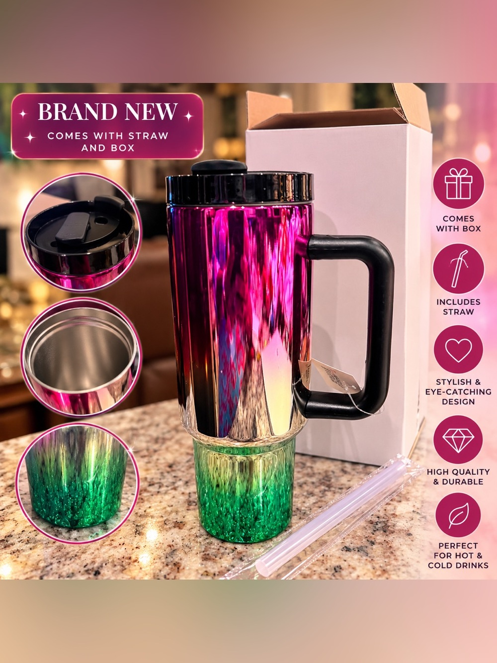 Iridescent Pink and Green Travel Mug with Handle and Straw